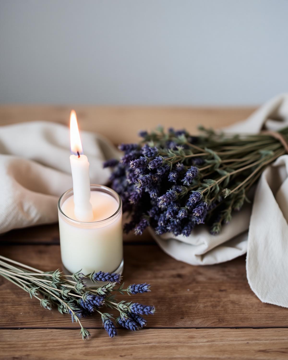 Candle and dried lavender
