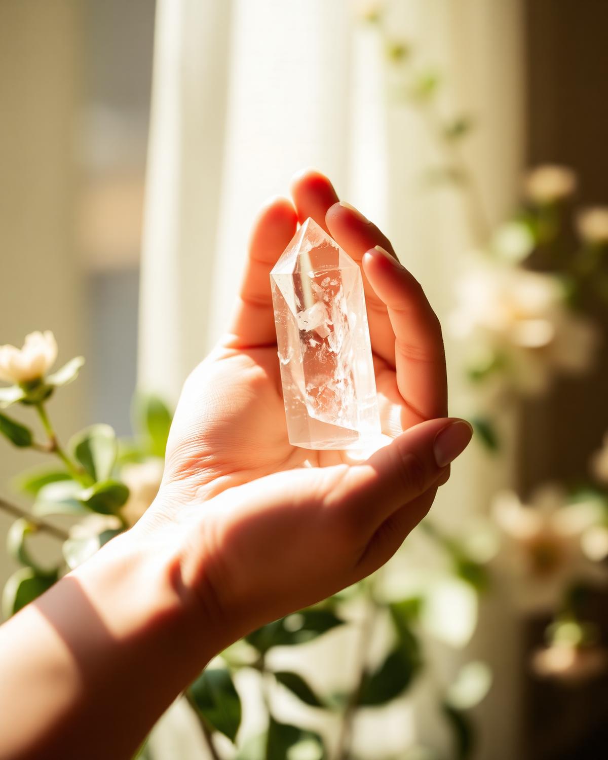 Hands holding a clear quartz crystal